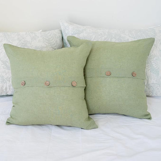 Simple&Opulence Linen Throw Pillow Covers Pack of 2, Triple Coconut Button Vintage Farmhouse Natural Flax Decorative Square Cushion Cover for Sofa Couch Chair - Sage Green, 18'' x 18''