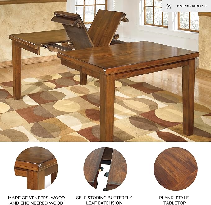 Signature Design by Ashley Ralene Rectangular Dining Room Extension Table, Seats 8, Self-storing Extension Leaf, Wood, 42" W x 78.13" D x 30.25" H, Medium Brown