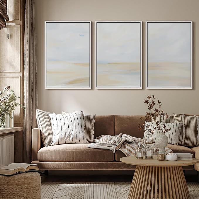MUDECOR Framed Wall Art Print Set Minimalist Coastal Horizon in Soft Blue and Sand Colors Illustrations Modern Art Boho Decorative Chic for Living Room, Bedroom, Office - 16"x24"x3 White