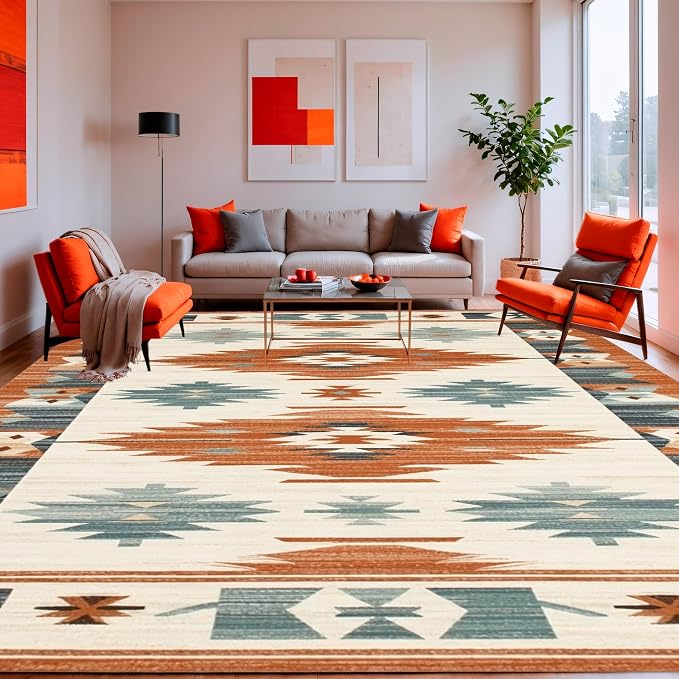 Flatwoven High Traffic Area Rug 5x7, Southwestern Horizon Vista, Non Slip, Stain Resistant, Washable Area Rugs for Living Room, Bedroom (Orange, 5x7)