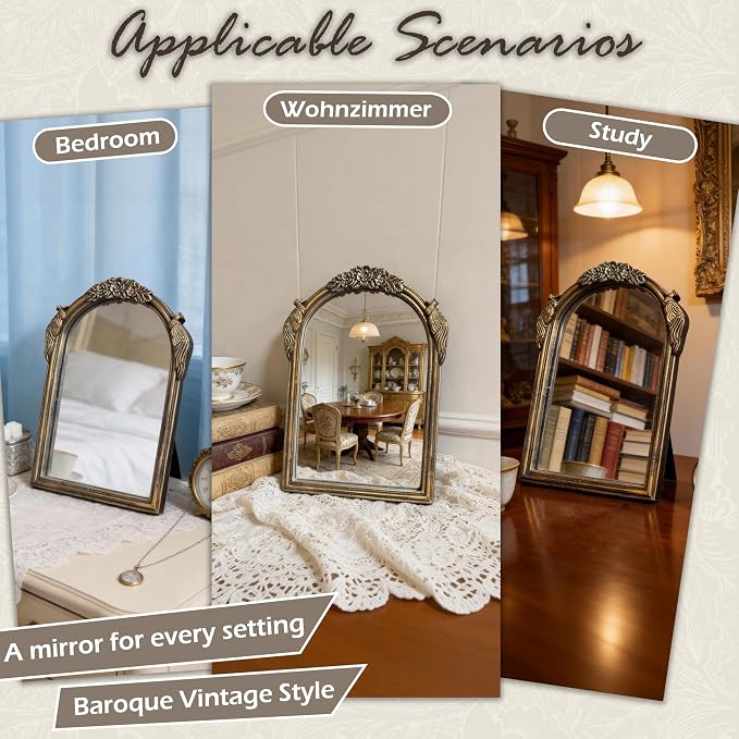 Vintage Vanity Desk Mirror -10x7Inch Wall-Mounted & Tabletop Decorative Ornate Gold Accent Retro Makeup Mirror for Bedroom Dresser Living Room Bathroom Dorm Champagne Gold