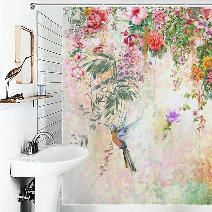 Watercolor Flowers Hummingbird Shower Curtain,Watercolor Floral with Tropical Flower Bird Butterfly Spring And Summer Waterproof Shower Curtains for Bathroom Decor 12 Pack Hooks 72x72in (183x183cm)