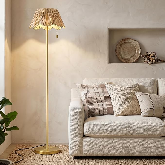 OYEARS 65" Boho Floor Lamps for Living Room, Rattan Floor Lamp, Pull Chain Switch, Gold Standing Lamp with Hand-Woven Shade, Farmhouse Tall Lamps for Nursery, Metal Base&Pole, Bulb not Included, Gold
