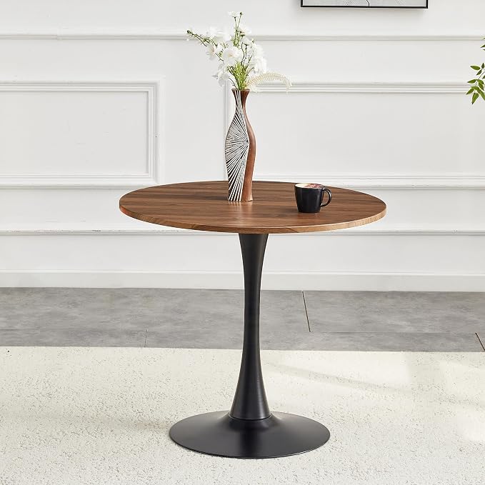 31.5 Inch Round Dining Table for 2-4 People with Walnut Tabletop,Mid-Century Walnut Tulip Kitchen Table, Pedestal Base Table for Small Space Kitchen Dining Room