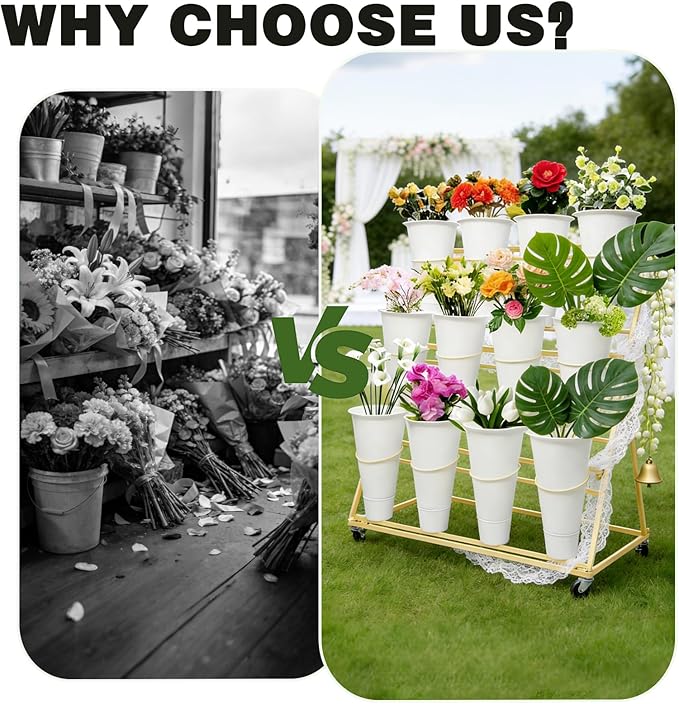3-Tier Flower Display Stand with 12 Buckets, Heavy Duty Metal Flower Plant Cart with Wheels, Indoor Large Capacity Flower Bar Florist bucket Rack, Moving Florist Bouquet Shelf for Wedding Garden (A, 39.6*23.7*40.6in)