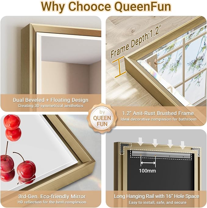 16x60 Inch Brushed Gold Full Length Mirror with Beveled Edges, Anti‑Rust Gold Rectangle Standing or Wall Mounted Full Body Mirror for Bedroom, Living Room, Entryway, Bathroom Wall