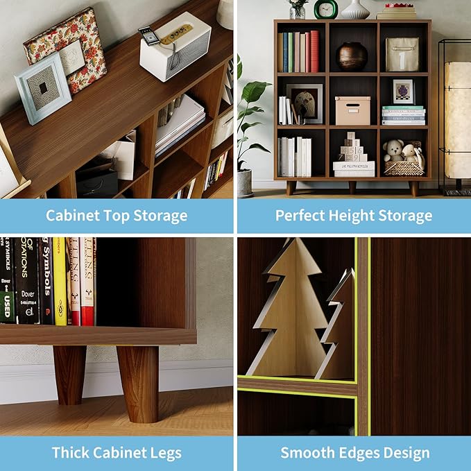 Takywep 9 Tier Mid-Century Modern Bookshelf, Rustic Brown Wood Cube Storage Organizer with Wood & Anti-Tipping Legs, Retro Open Bookcase Display Shelf for Living Room, Home Office, Bedroom