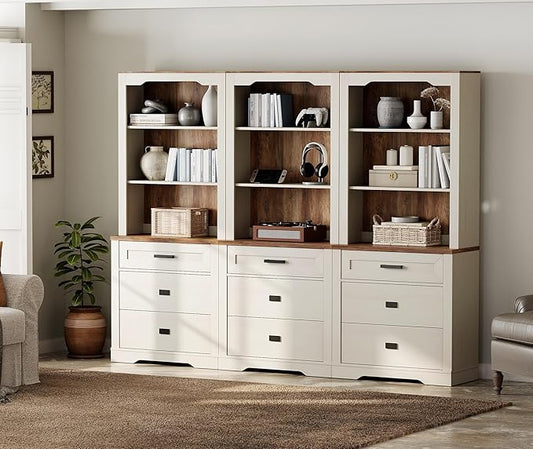 WAMPAT 3 Column 73.3" Tall Bookcase with Chest of Drawers, 94.5 inch Wide Standing Rustic Bookshelves, Modern Farmhouse Display Storage Cabinet with Adjustable Shelves,Antique White