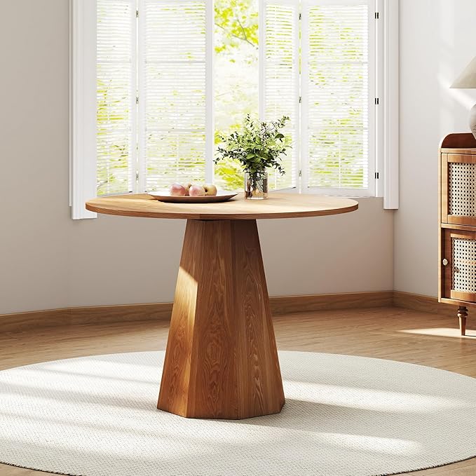 39” Round Solid Wood Dining Table for 4-5 People, Modern Pedestal Dining Kitchen Table, Farmhouse Small Wood Dining Table for Kitchen Easy Assemble, Saving Space, Brown