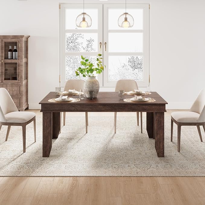 GarveeHome Farmhouse Dining Table for 4-6 People, 63 in Long Kitchen Tables with Wooden Sturdy Frame, 5 ft Large Rectangular Dinner Table for Dining Room, Kitchen, Dark Walnut, 63" Non-extendable