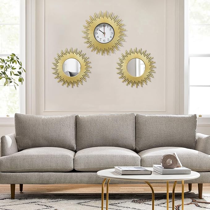 3 Pcs Gold Retro Sunburst Wall Decor Set, 9.8 Inch Round Clock & Mirror Wall Art, Vintage Sunburst Style Decor for Living Room Bedroom Bathroom, Lightweight & Easy to Install
