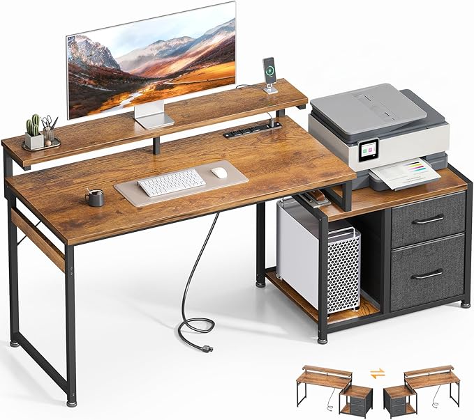 AODK Computer Desk with Printer Storage Shelf, 56 Inch Office Desk with Drawers & Power Outlet, Reversible Desk Space-Saving Workstation with Individual PC Stand, Rustic Brown