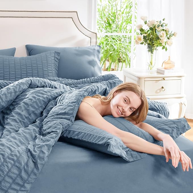 CozyLux Full Size Comforter Sets Grayish Blue, 7 Pieces Seersucker Textured Bed in a Bag Dusty Blue, All Season Bedding Sets with Down Alternative Comforter, Sheets, Pillowcases & Shams, Home Gift