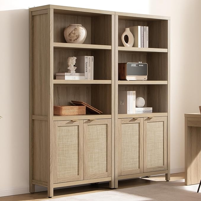 SICOTAS Bookcase 71" Tall Bookshelf 5 Tier Rattan Boho Bookcase with Doors Storage Large Book Case Shelf Farmhouse Bookshelves Library Book Shelves for Living Room Bedroom Home Office Kitchen