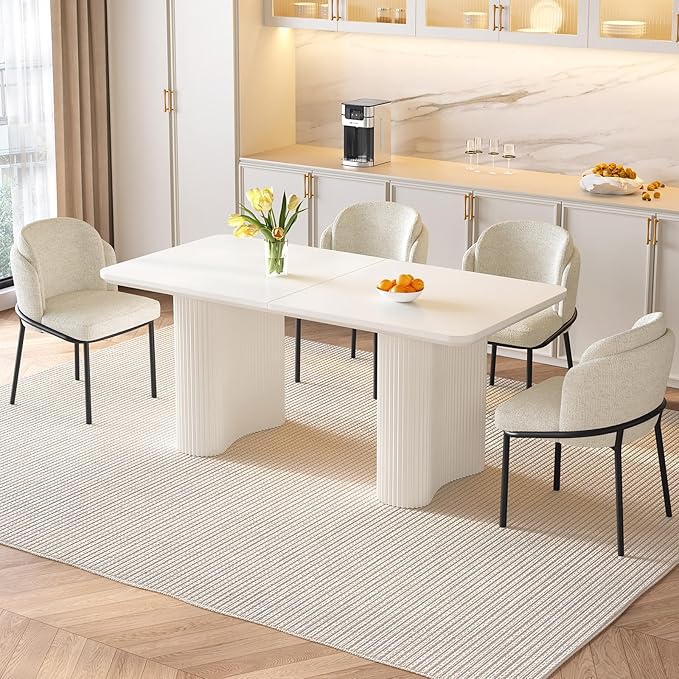 Dining Table Set for 4, 62.99" Rectangular Kitchen Table with 4 Chairs, 5-Piece Dining Set with Waved Legs for Kitchen Living Room, Home, Apartment, White