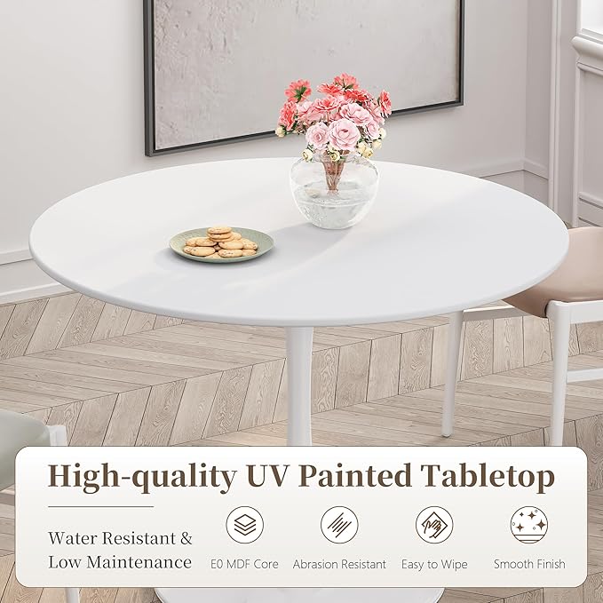 42 Inch Round Dining Table,Mid-Century Tulip Table with Metal Pedestal Base,Modern Leisure Table for Small Space Kitchen Dining Room,Easy Assembly,White
