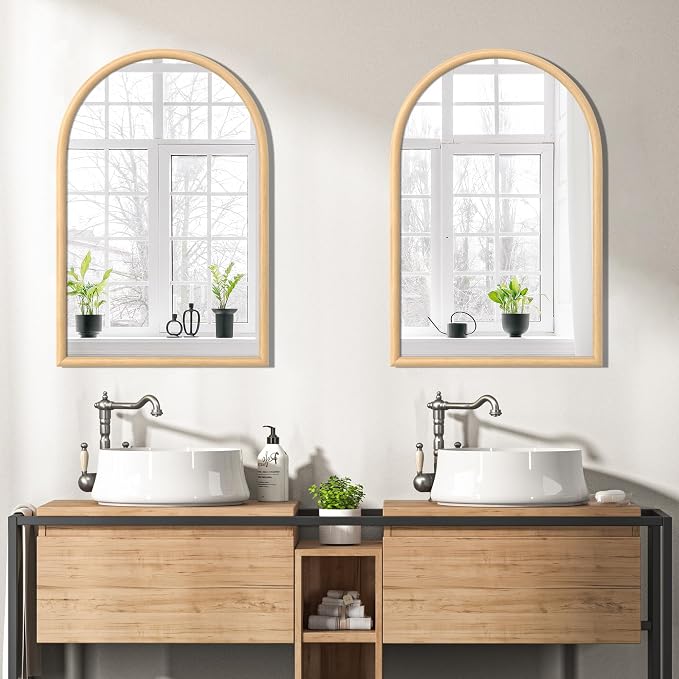 20"x30" Arch Wall Mirror for Wall, Wall Mounted Vanity Mirror for Bedroom, Wood Grain Finish Frame Mirror with Tempered Glass, Vintage Decorative for Bathroom, Entryway, Living Room, Natural