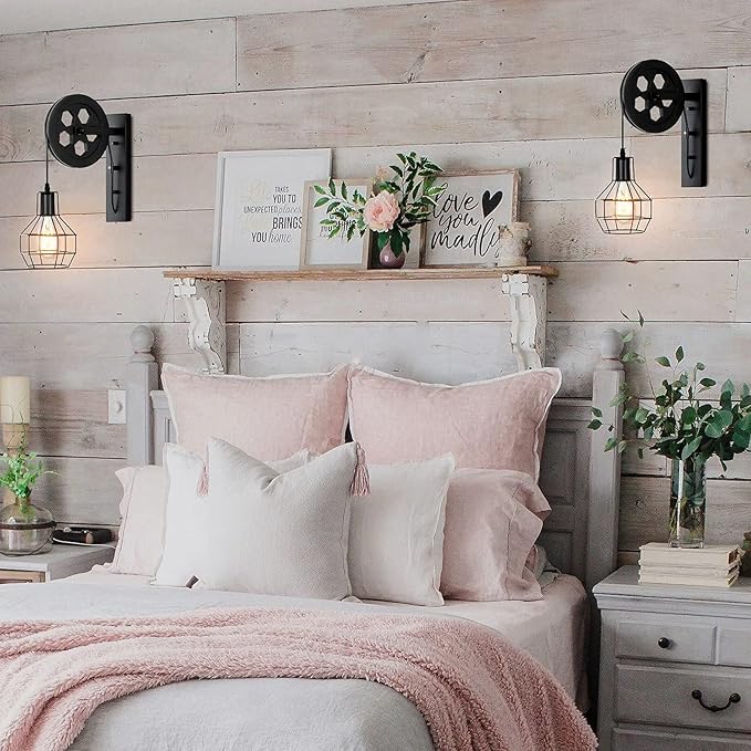 1-Light Rustic Wall Light Lift Pulley with Matte Iron Cage Lampshade Industrial Mid Century Sconce for Indoor Lighting Barn Restaurant (Black Color)