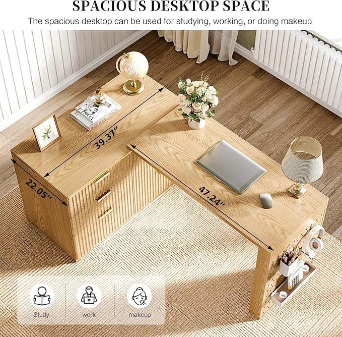 Ieejdn L Shaped Expandable Desk,47" Home Office Desks, Executive, Farmhouse Computer Desk with 6 Drawers File Drawer, Rustic Computer Writing, Oak