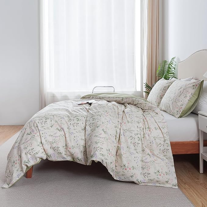 HoneiLife Floral Duvet Cover King - 100% Cotton Comforter Cover, Botanical Bedlinen Set for King Beds, 3-Piece Wildflower Comforter Cover Sets