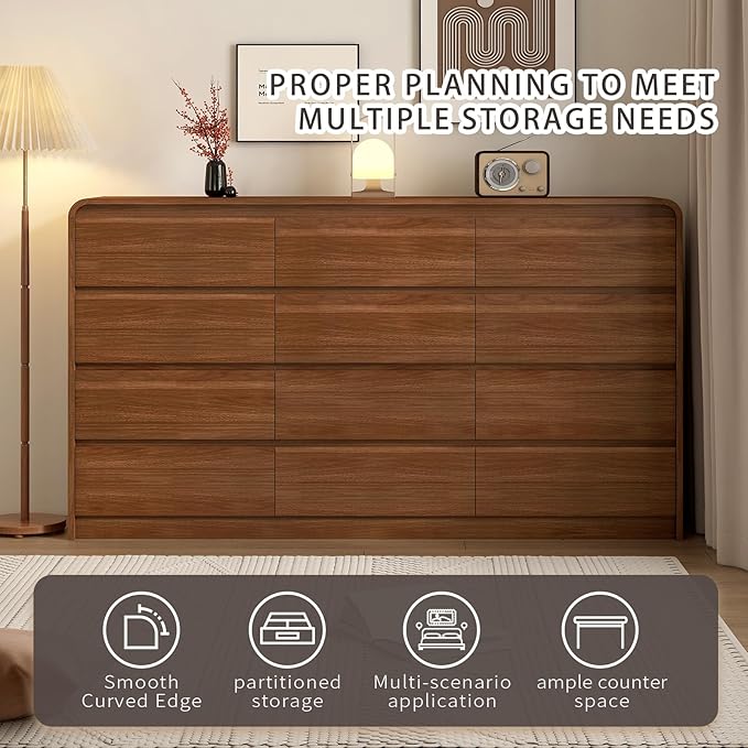 Modern 12-Drawer Dresser 63-Inch Wide, Curved Anti-Collision Design, Mid-Century Storage Cabinet with Pre-Embedded Slots, Sturdy Reusable, Ideal for Bedroom/Living Room/TV (Brown, 12-63)