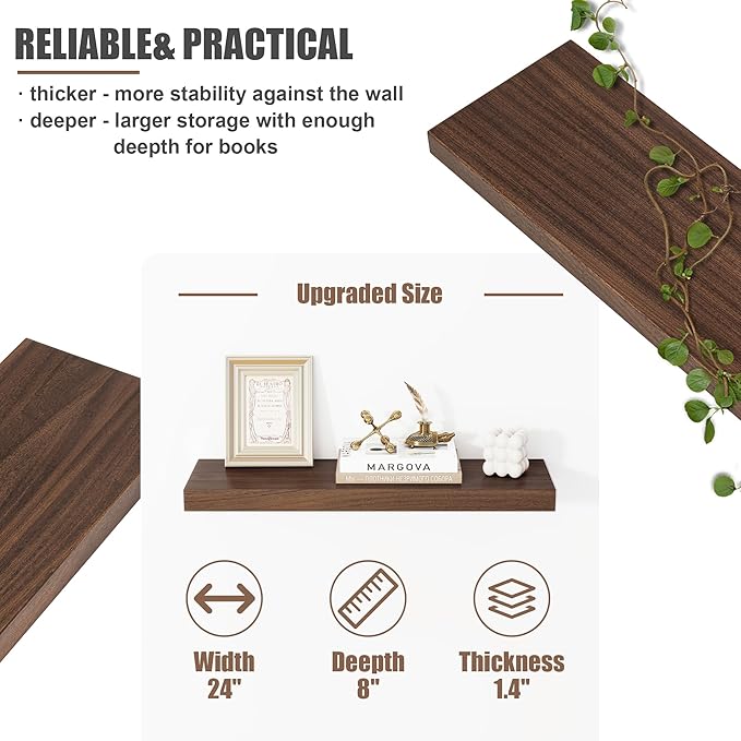 Floating Shelves for Wall, USA-Sourced Sapele Wood 24 Inch Wall Shelves Set of 2, Natural Wooden Mounted Picture Ledge Shelf, Nursery Book Storage Shelf Kids Bookshelf Display, Shelf for Bathroom