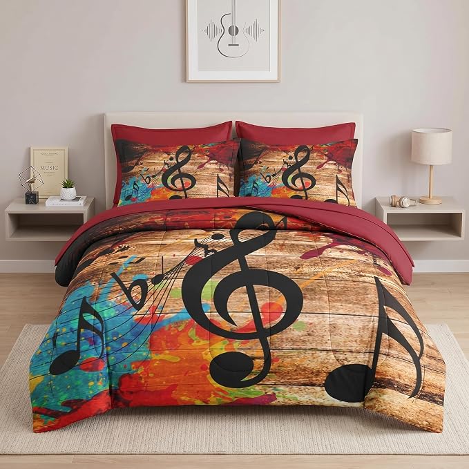WeCozy 5 Pcs Twin Size Comforter Set with Pillowcase & Sham, Musical Music Disco Bedding for Kids and Adults, Black Retro Wood Grain Bedding Set with Flat Fitted Sheet