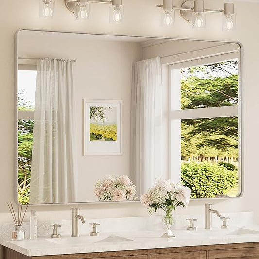 TETOTE 60 x 40 Inch Brushed Nickel Mirror for Bathroom Over Sink Metal Framed Mirror Modern Farmhouse for Living Room Entryway(Horizontal/Vertical)