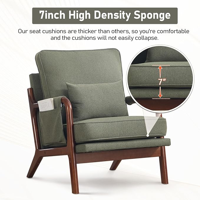 ANJ Mid Century Modern Accent Chair, Lounge Reading Armchair with Extra Side Pocket & Detachable Cushion, Comfy Fabric Accent Chairs for Living Room, Bedroom,Green