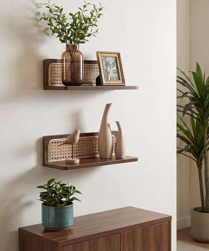 Rattan Wall Shelf Mid Century Modern Decor Floating Shelves Walnut Boho Wall Decor Decorative Shelving Home Decor Living Room Bedroom Coffee Bar Bathroom Plant Photo 16inch