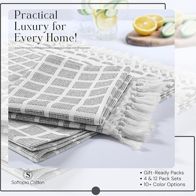 Matrix Dobby Kitchen Dish Towels Set of 12, 100% Cotton, 16x26 Inches, Reusable Dishcloths with Handmade Knotted Tassels, Absorbent, Washable Towels for Cleaning - Dark Gray, White