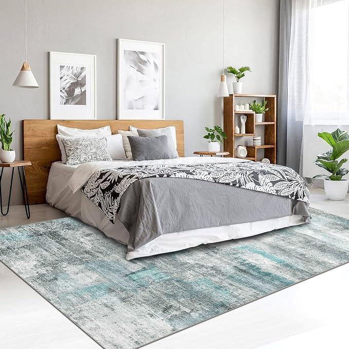 3x5 Rug, Small Area Rug for Living Room, Bedroom, Kitchen, Machine Washable Non-Slip Throw Rug, Modern Abstract Carpet for Entryway Nursery Coffee Table, Teal