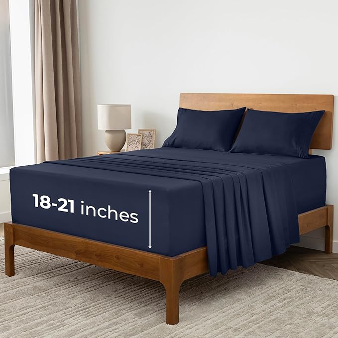 Mellanni Extra Deep Split King Sheets - 5 PC Iconic Collection Bedding - Hotel Luxury, Ultra Soft, Cooling Bed Sheets - Wrinkle, Fade, Stain Resistant (Split King, Navy Blue)