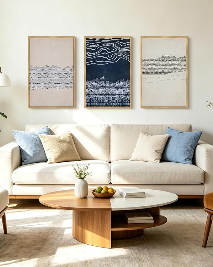 KUVIOKE Navy Blue Abstract Framed Wall Art Modern Neutral Minimalist Wooden Pastel Boho Wall Decor Farmhouse Rustic Art Painting Home Decor 24x36in (Natural Framed)