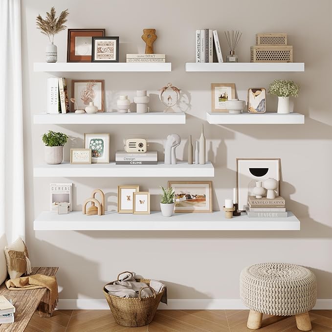 Fun Memories 72 Inch Fireplace Mantel Shelf, 12 Inch Deep Shelves for Display & Wall Storage, Rustic Wood Wall Shelf, Extra Long Floating Shelves for Living Room Laundry Room, White, Set of 1
