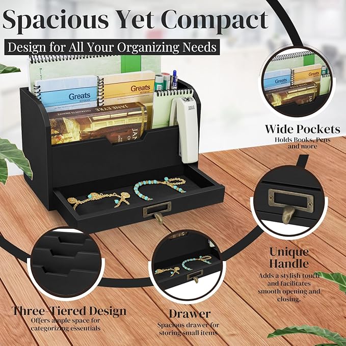 Flexzion 3 Tier Wooden Desk Organizer - Country Rustic Mail Organizer Countertop Compartments Slot File Tray Pencil Sorter Shelf Holder Accessories Set with Storage Drawer for Home Office, Light Brown
