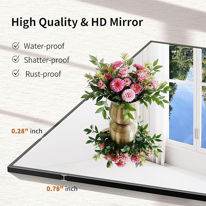 Black Bathroom Mirror for Wall, 20x48 Inch Rectangle Mirror with Metal Frame, Modern Vanity Mirrors for Bathroom Living Room, Entryway Hangs Horizontal or Vertical