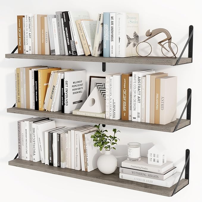 Heimlove Floating Book Shelves for Wall,35.4 Inches Long Wall Mounted Bookshelves,Heavy Duty Bracket Shelves for Living Room Kitchen,Laundry Room Storage & Decor,Set of 3,Silver Grey