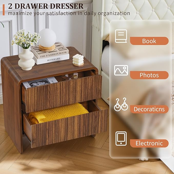 Flute 2 Drawer Dresser,Mid Century Modern Small Nightstand with 2 Drawer for Bedroom, Wood Side Table with Curved Profile for Living Room,Hallway,Enterrway