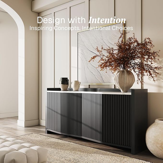 BELLEZE 66 Inch Sideboard Buffet Cabinet, Accent Modern Credenza Storage with Adjustable Shelves, Fluted Black Console Table with Faux Marble Panel for Kitchen, Dining Room, Entryway or Hallway