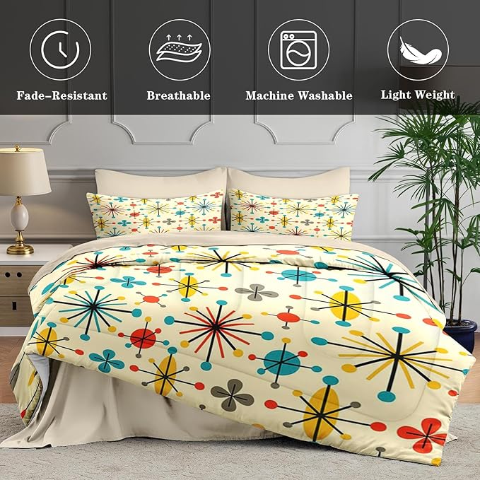 WeCozy 7 Pcs Queen Size Comforter Set with 2 Pillowcases & 2 Shams, Retro Mid Century Atomic Bedding for Kids and Adults, 50S Vintage Geometric Bed in a Bag with Flat Fitted Sheet