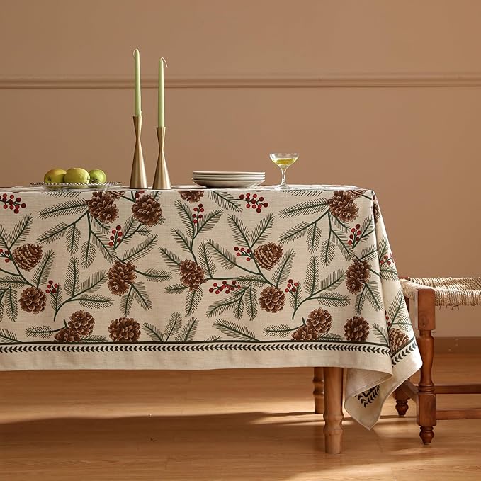 ISAENNE Designer Christmas Beige Linen Long Rectangle Tablecloth,Pinecones Pattern Indoor Table Cloths,Washable Decor Tablecloths for Dining Thanksgiving Kitchen Christmas,63"*94"-Carol B
