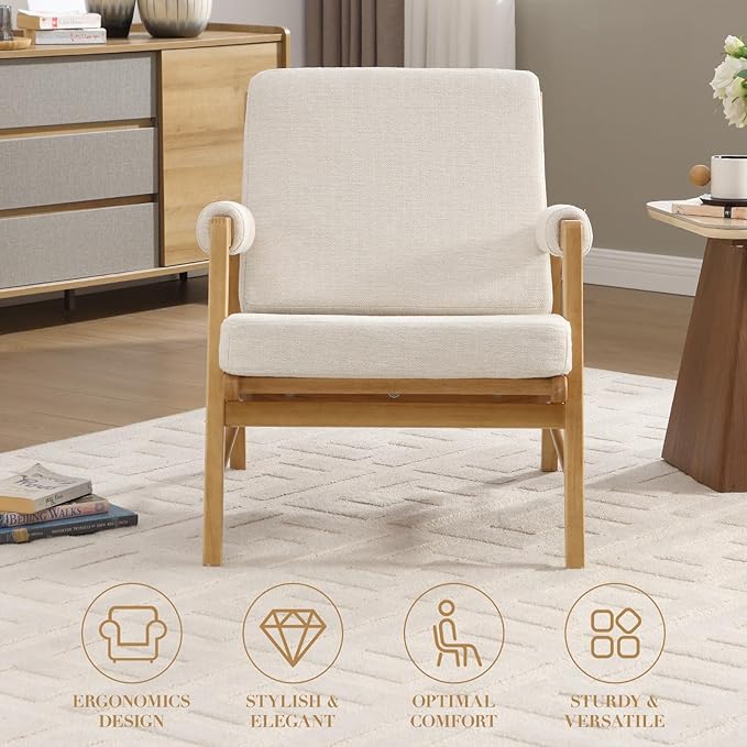 CIMOTA Mid Century Modern Accent Chair Set of 2, Linen Upholstered Living Room Chairs with Arms, Comfy Reading Chair with Solid Wood Frame, High Back for Bedroom, Waiting Room, Office, Beige