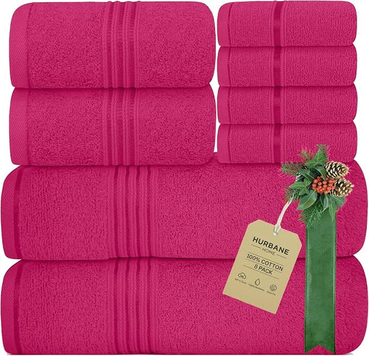 8 Piece Bath Towels for Bathroom - 100% Cotton, Soft Absorbent Bathroom Towels Set - 2 Extra Large Bath Towels, 2 Hand Towels & 4 Washcloths - Hotel Spa Thick Plush Towel, Fuchsia Purple