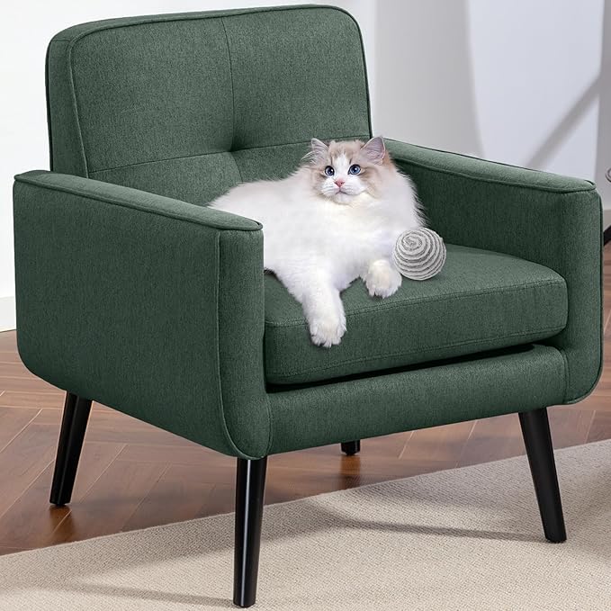 Vogue Furniture Direct Mid Century Accent Chair, Fabric Modern Chair with Wooden Frame, Cozy Armchair Reading Chair with Comfy Back for Apartment, Living Room, Bedroom, Small Space, Corner, Green