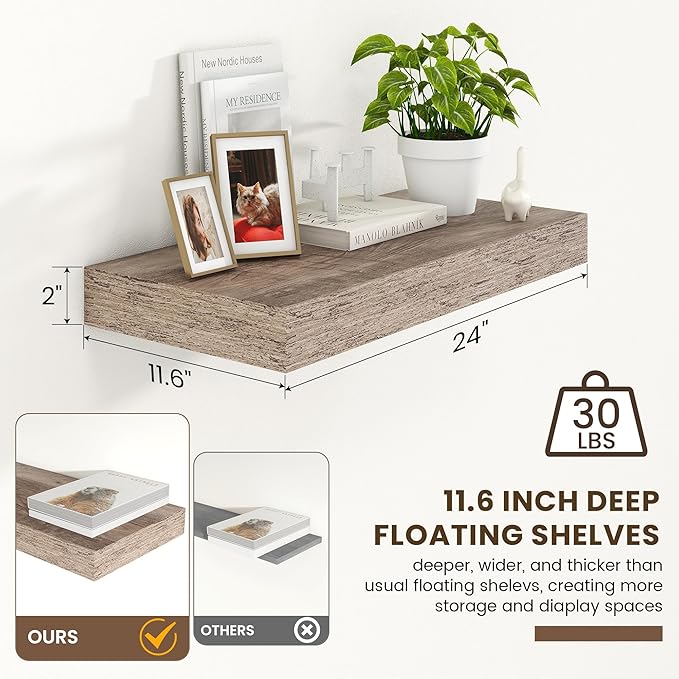 12 Inch Deep Floating Shelves | 24 Inch Grey Floating Shelves | 24''W x 12''D Rustic Grey Wood Shelves for Wall | Deep Wood Shelves for Living Room Bathroom Laundry Room Kitchen