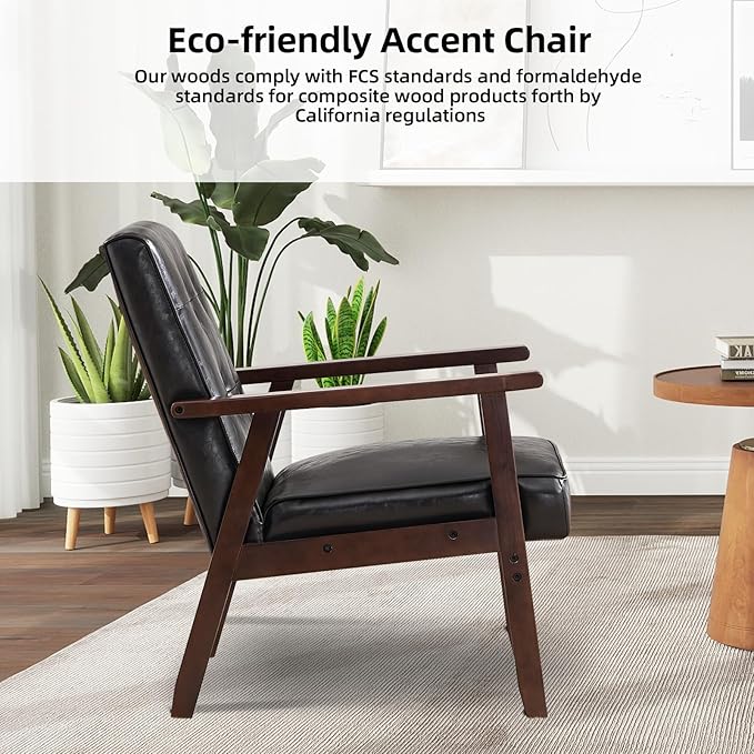 IOMOR Accent Chair Mid Century Modern Chair for Living Room, Comfy Faux Leather Armchair with Solid Wood Frame Soft Thick Padded, Side Chairs Easy Assembly Set of 2, Black