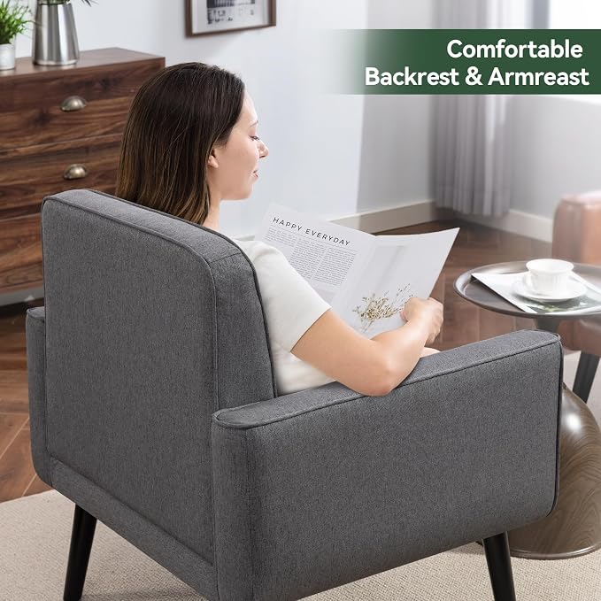 Vogue Furniture Direct Mid Century Accent Chair, Fabric Modern Chair with Wooden Frame, Cozy Armchair Reading Chair with Comfy Back for Apartment, Living Room, Bedroom, Small Space, Corner, Grey
