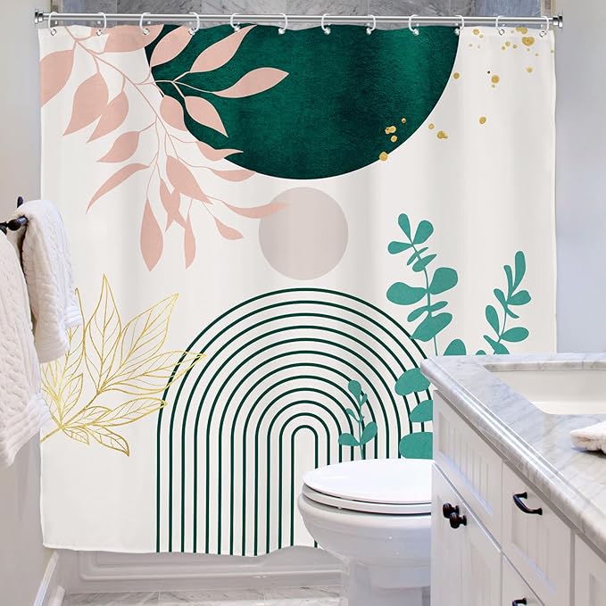 Riyidecor Sage Green Pink Boho Shower Curtain for Bathroom Decor 72Wx72H Mid Century Modern Leaves Contemporary Bohemian Arch Art Printed Fabric Polyester Waterproof 12 Pack Plastic Hook