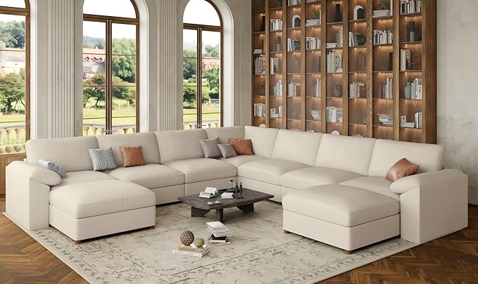 EASE MOOSE Faux Leather Sectional Couch, Oversized Modular Sofa, Modern Comfy Modular Couch, Scratch Resistant Material Sofas, U Shaped Couch for Big Spaces, Beige
